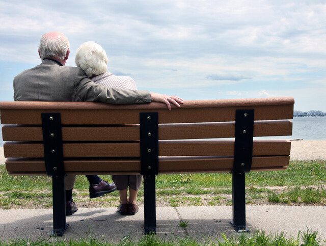 Senior couple sitting on a park bench